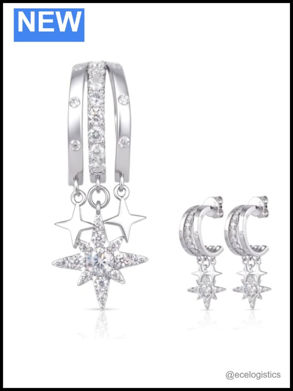 Moissanite Star Dangle Earrings White Gold Plated 925 Sterling Silver
